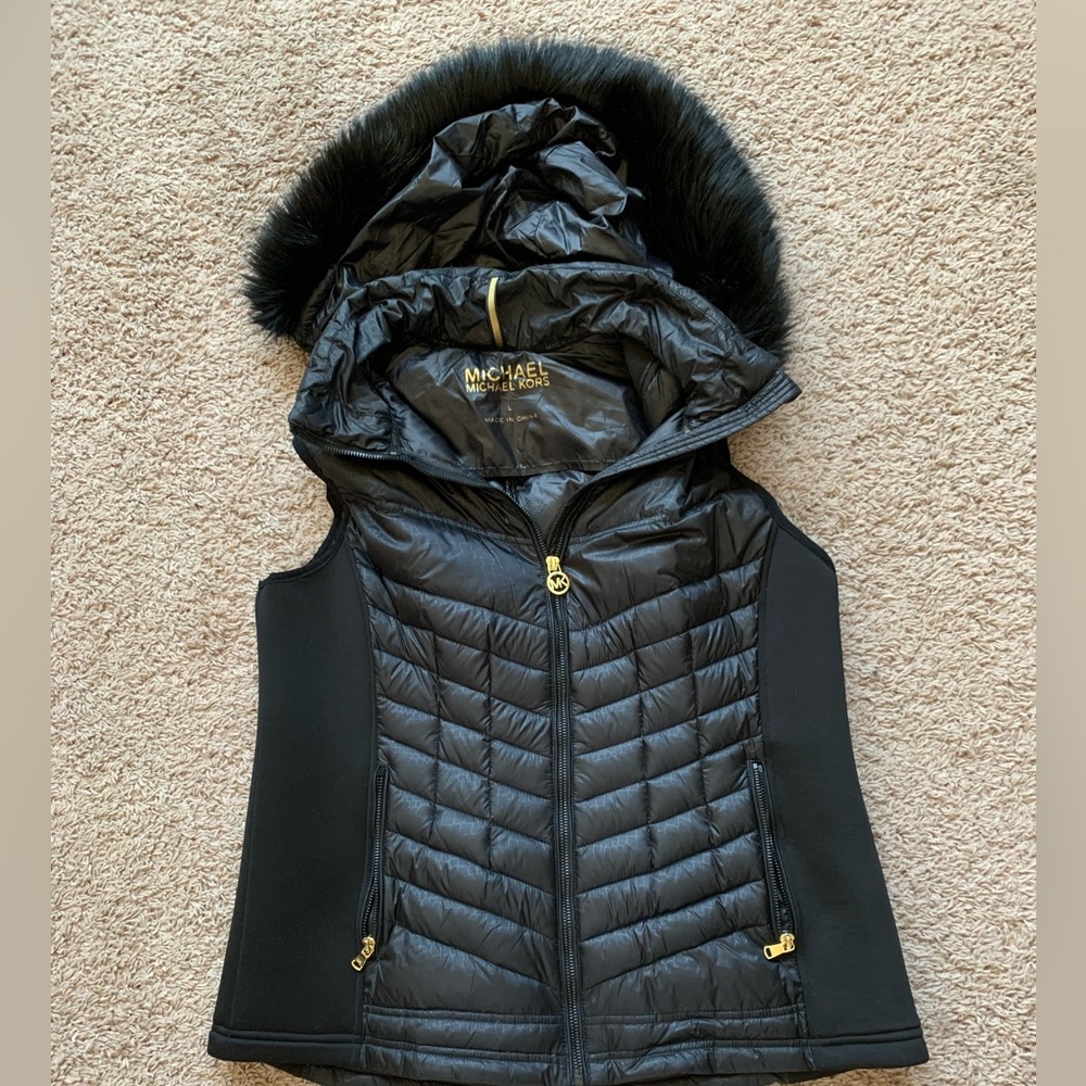 Michael Kors puffy vest with detachable fur trimmed hood